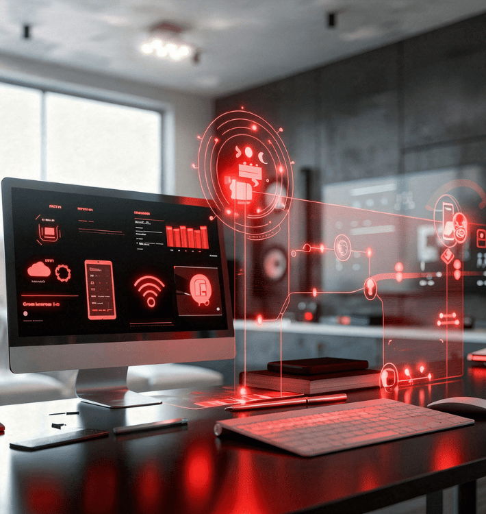 Digital cybersecurity dashboard with network monitoring icons