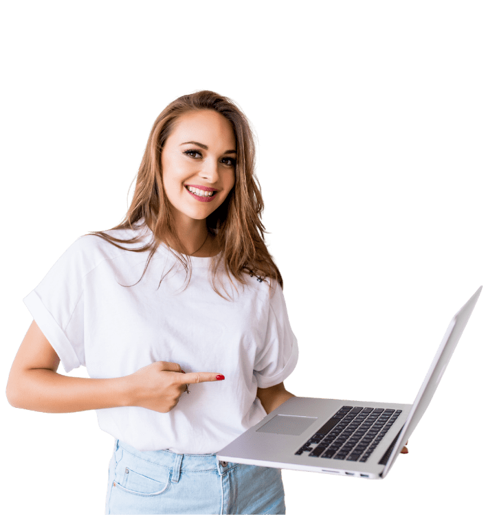 Woman pointing at a laptop screen in an office
