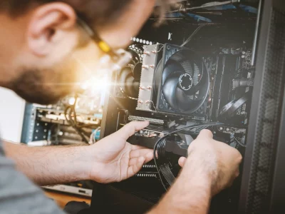 Close-up of computer hardware repair work